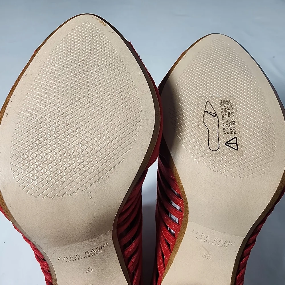 Zara Bright Red Faux Suede Strappy Caged Open Toe 4” Stiletto Heels Size‎ 36